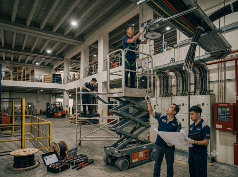 Electricians on scissor lifts installing overhead cable trays during industrial rewiring of a Singapore warehouse