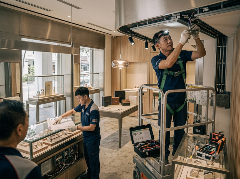 Trust Electricians technician on a lift platform installing ceiling cable trunking in a Singapore commercial shop