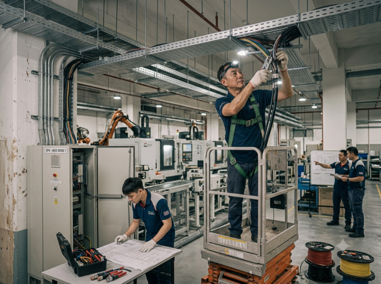 Electricians servicing switchgear panels and overhead cable trays in a Singapore industrial plant room