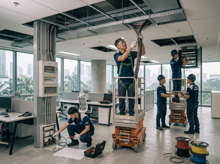 Commercial electricians installing ceiling wiring and cable trays during an office renovation in Singapore