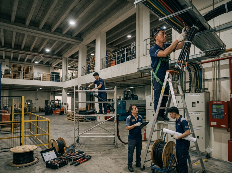 Electrical installation team on ladders and lifts wiring overhead lighting in a Singapore industrial facility