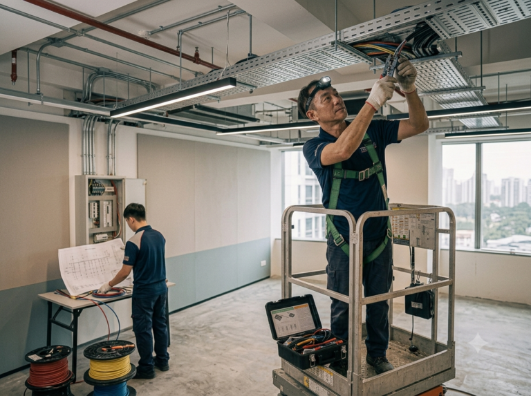 Licensed electrician on a lift platform running overhead conduit in a Singapore commercial office
