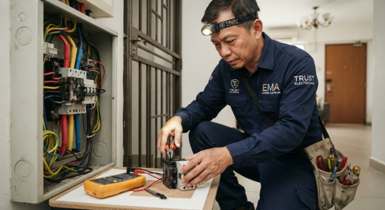 Licensed electrician testing a DB box with a multimeter during an electrical inspection in a Singapore home