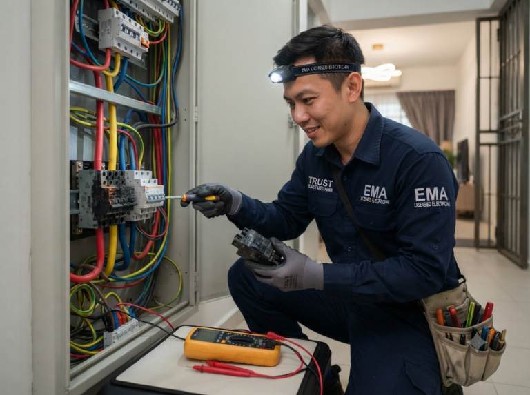 Emergency electrician repairing a tripped DB box with a multimeter in a Singapore home