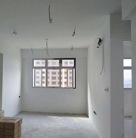 Living room ceiling with multiple wiring drop points for lights and ceiling fans in a Singapore HDB flat