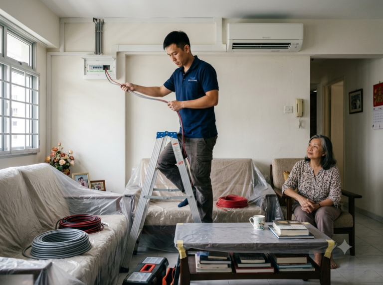 Electrician on a ladder upgrading ceiling electrical wiring in an HDB flat living room in Singapore