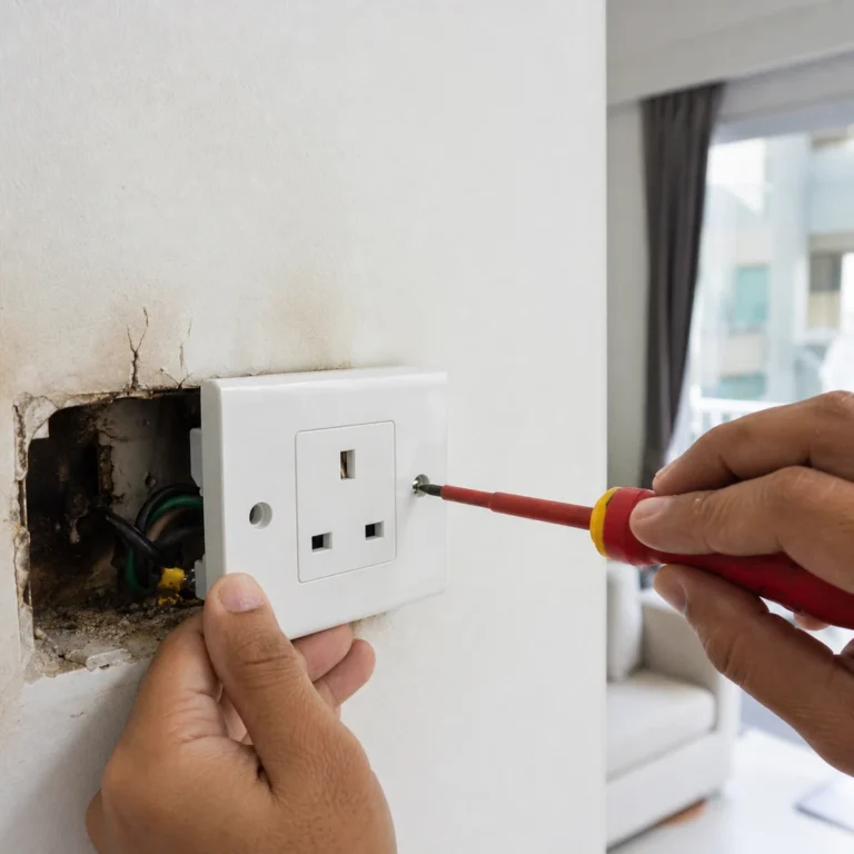 Faulty wall socket being repaired by an electrician in a Singapore HDB flat