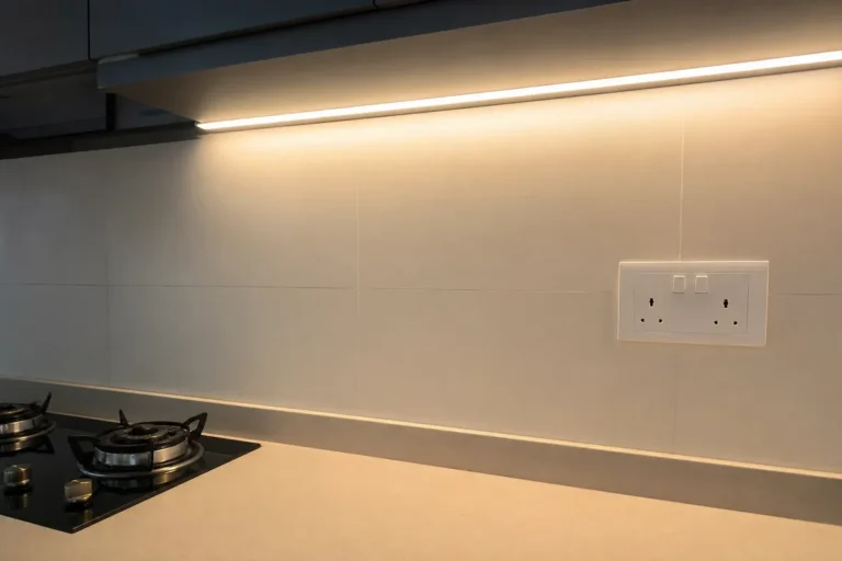 LED strip light installed under kitchen cabinets in a Singapore HDB flat