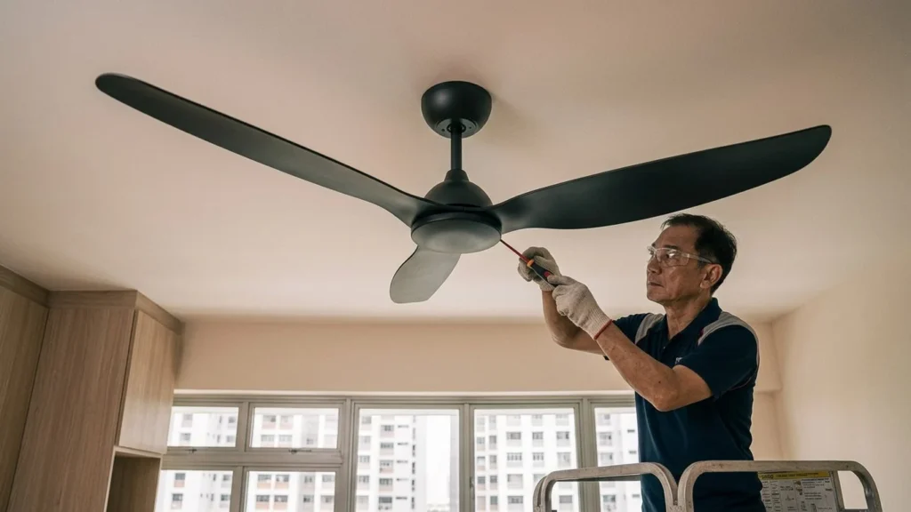 Stationary three-blade ceiling fan, with an electrician working near its motor housing.
