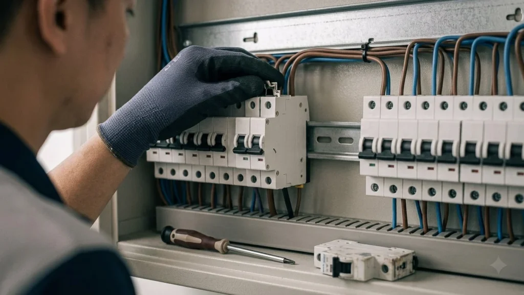 Electrician fitting a replacement circuit breaker inside a distribution board.