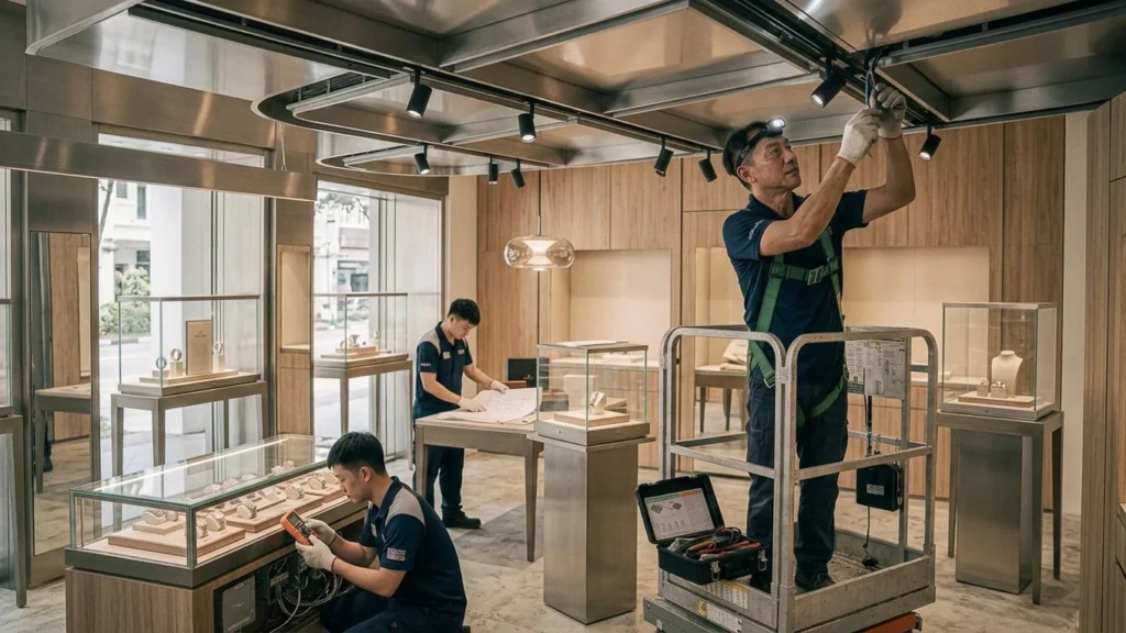 Commercial electricians servicing track lighting and display-counter wiring in a retail boutique.