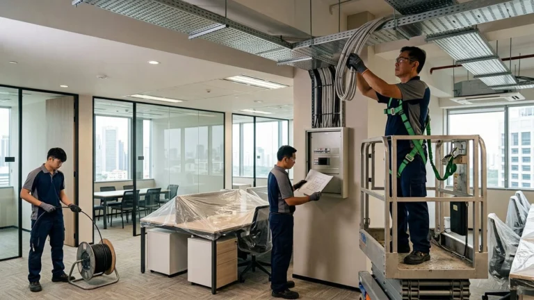 Electrical crew replacing overhead cable runs during a Singapore office rewiring project.