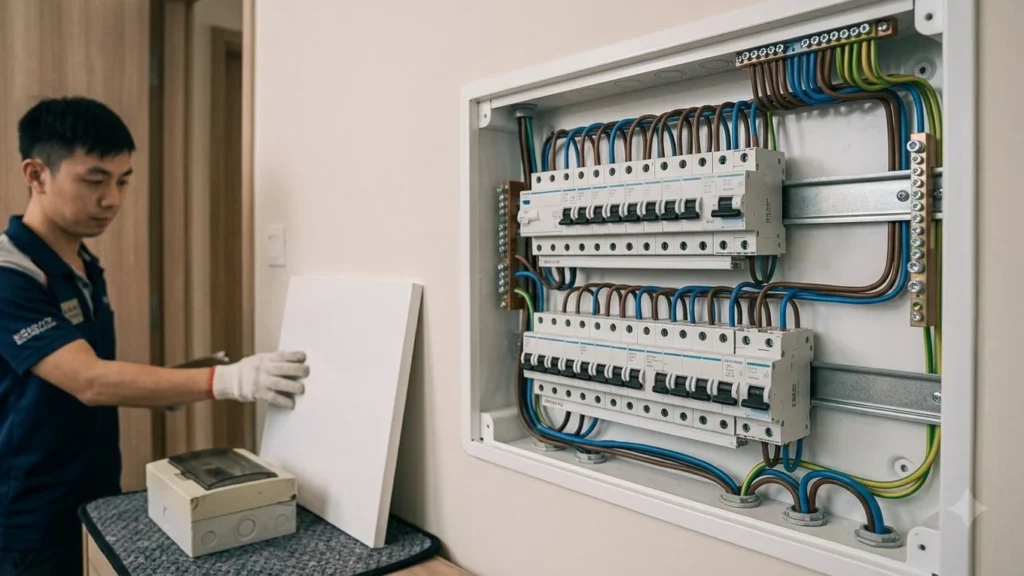 Open distribution board with rows of protective devices and organised wiring, with an electrician holding its cover.