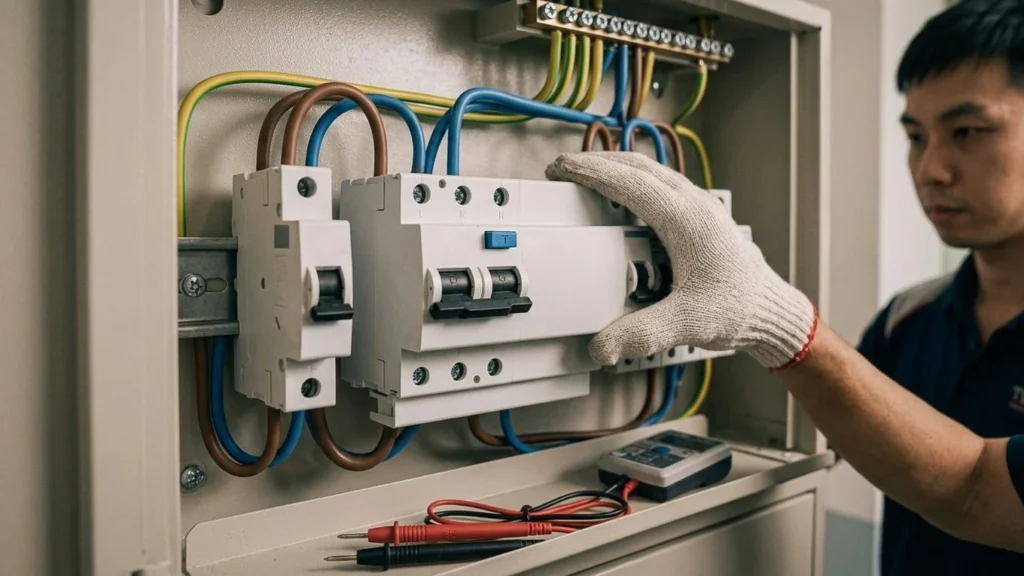 RCCB safety switch with a blue test button, with an electrician and electrical test leads alongside.