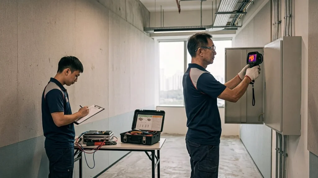 Electricians inspecting a distribution board with a thermal imaging camera and recording maintenance checks.