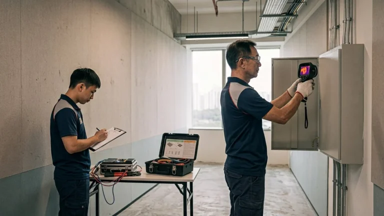 Electricians inspecting a distribution board with a thermal imaging camera and recording maintenance checks.