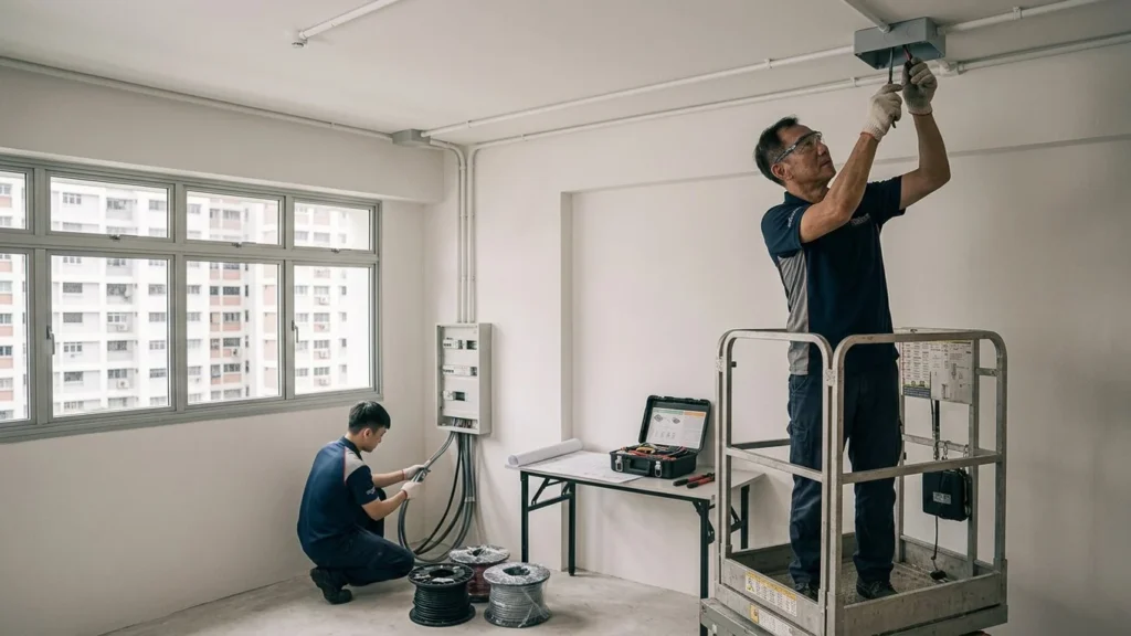 Electricians installing new ceiling conduits and electrical wiring in a Singapore apartment.