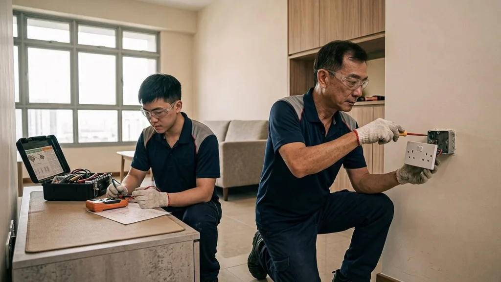 Electricians diagnosing and repairing a wall socket in a Singapore condominium.