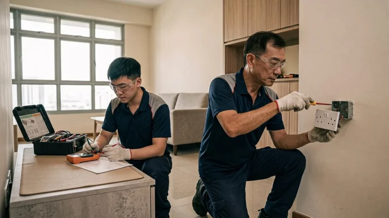 Electricians diagnosing and repairing a wall socket in a Singapore condominium.