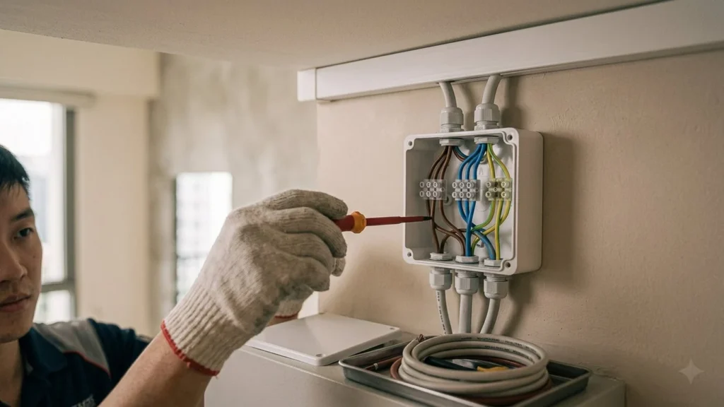 Open junction box with organised wiring and terminal connectors, with an electrician checking the connections.