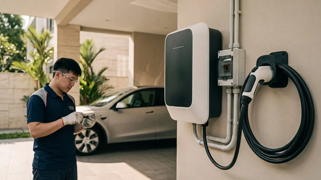 EV wallbox, charging connector and cable loop in a covered Singapore driveway, with a technician and parked car behind.