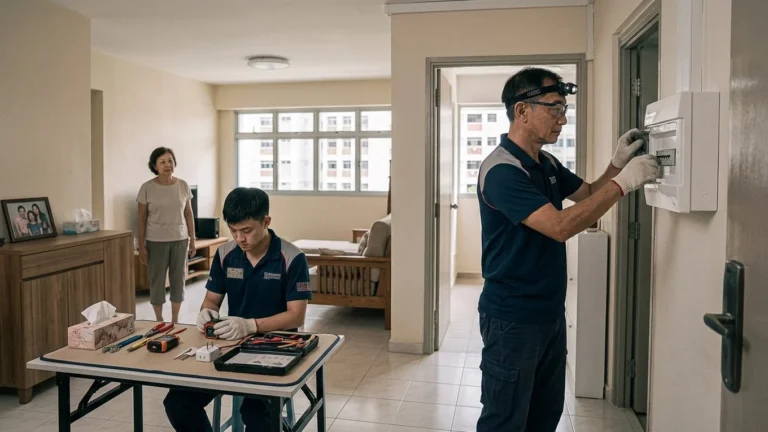 Electricians checking a distribution board and preparing test equipment in a Singapore HDB flat.