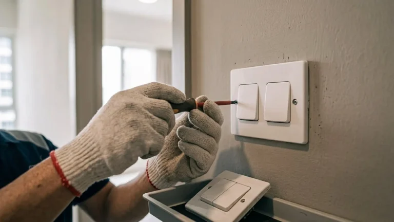 Gloved hands securing a two-gang rocker light switch with an insulated screwdriver.