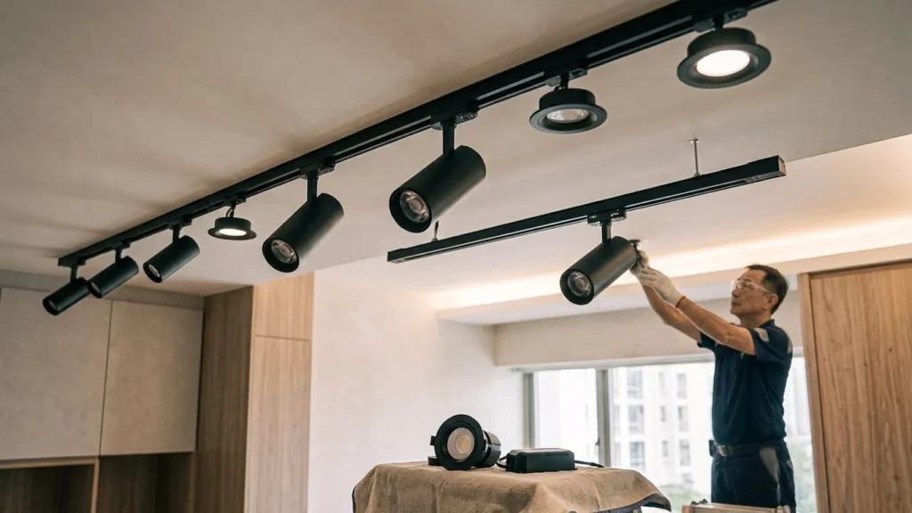 Ceiling track lights and spotlights, with an electrician adjusting a lighting fixture.