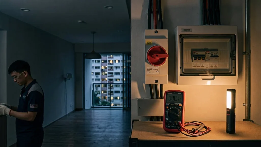 Main isolator, distribution panel and multimeter lit by a battery work light during an apartment power failure.