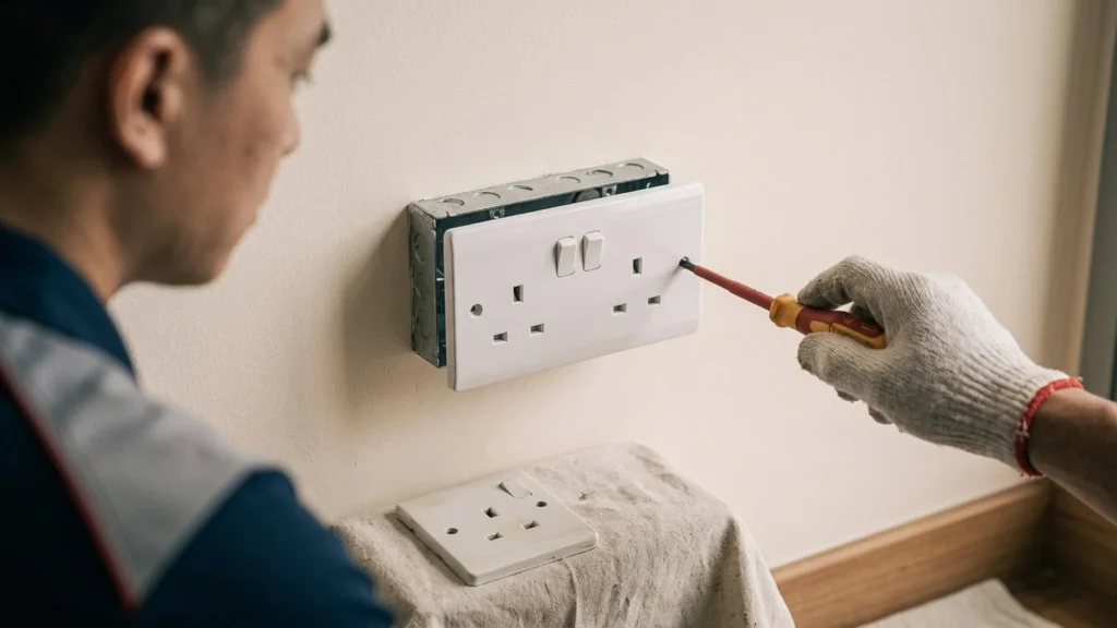 Electrician fitting a white twin Type G switched power socket to an apartment wall.