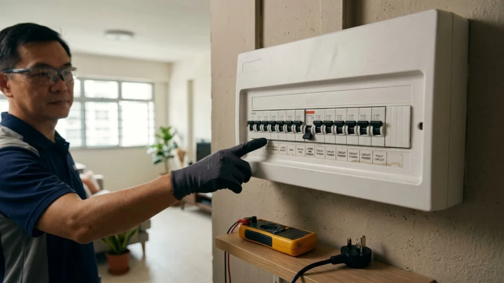 Electrician indicating a circuit breaker, with a circuit tester and unplugged appliance plug below.