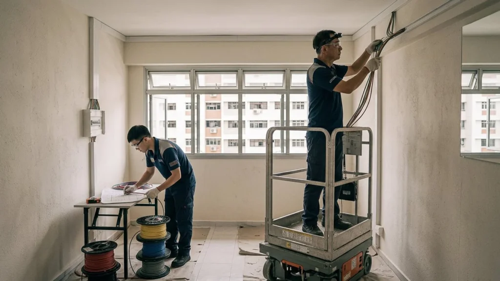 Electricians routing new cables and trunking during a complete HDB flat rewire.