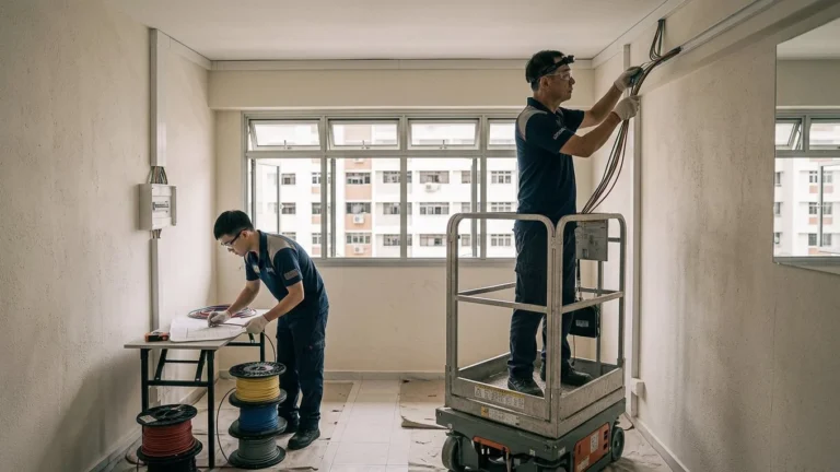 Electricians routing new cables and trunking during a complete HDB flat rewire.