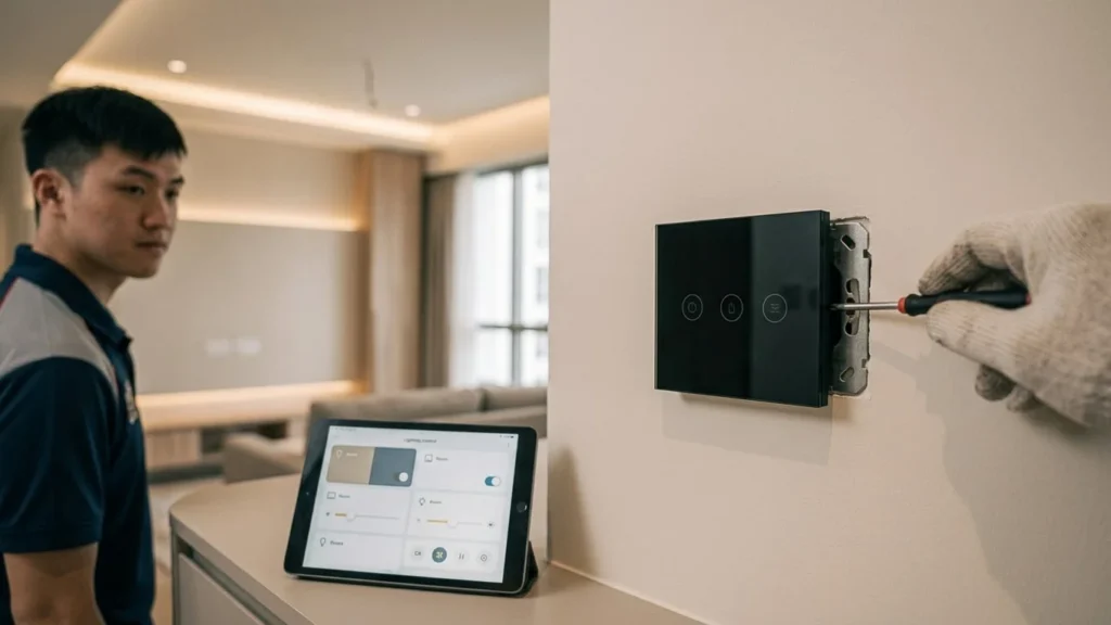 Black glass smart light switch and lighting-control tablet, with an electrician checking the installation.