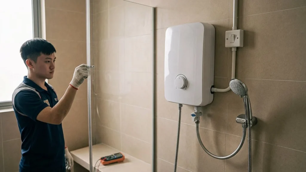 Wall-mounted instant electric water heater, shower hose and nearby isolator, with an electrician to the side.