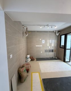 Kitchen with track lighting and wall wiring points during renovation in a Singapore HDB flat